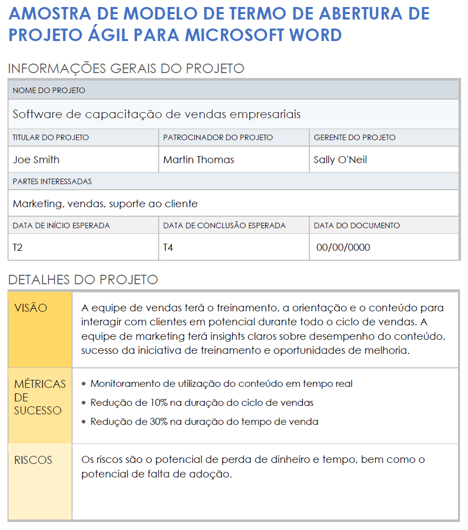 Amostra de modelo de termo de abertura de projeto ágil para Microsoft Word