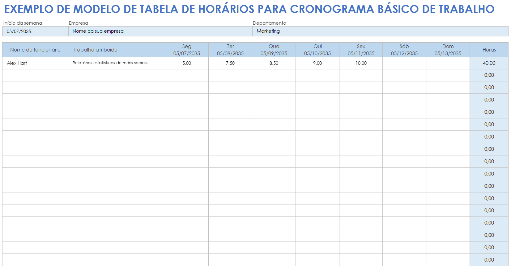 Exemplo de modelo básico de cronograma e escala de trabalho