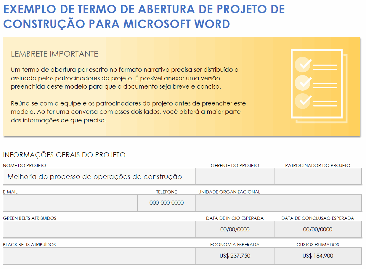 Modelo de termo de abertura de projeto de construção em Microsoft Word