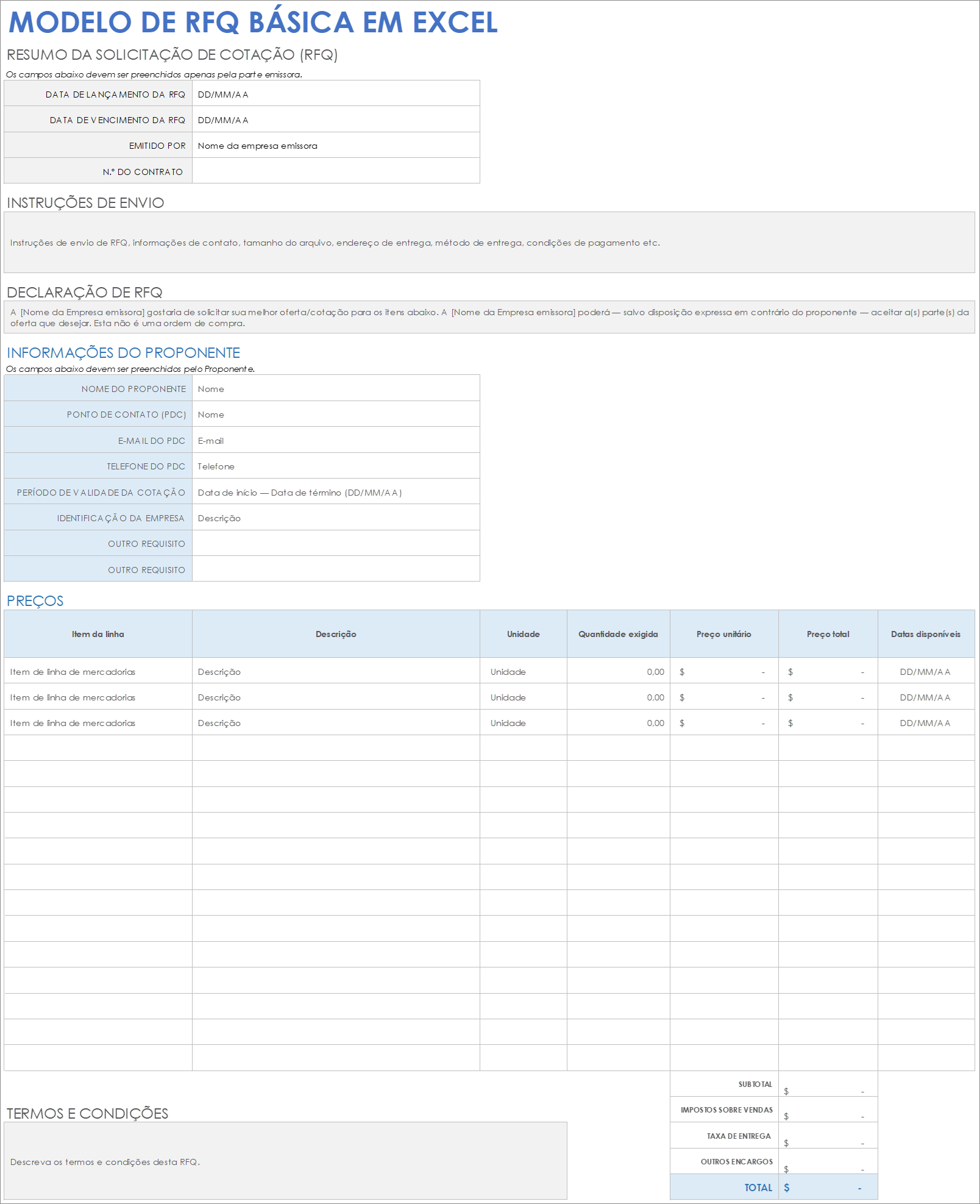 Modelo de RFQ básica para Excel