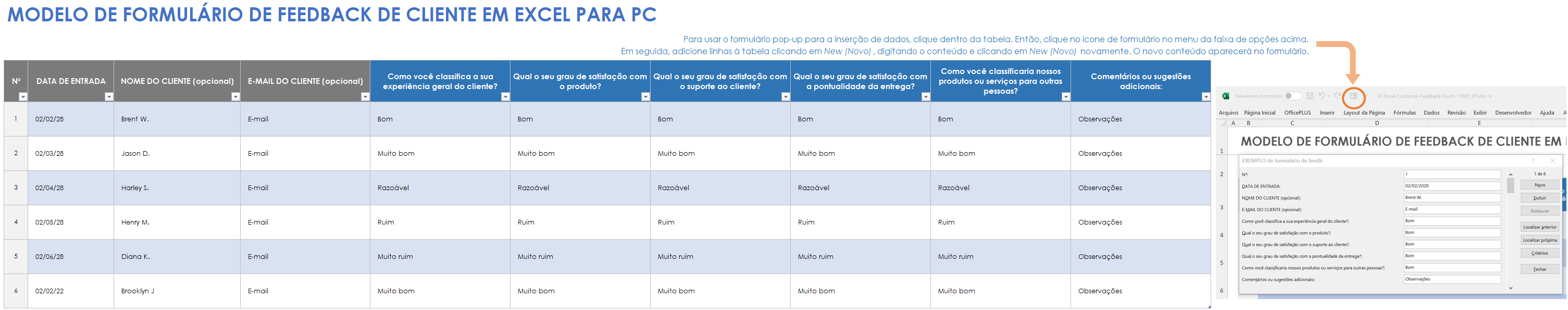 Modelo de formulário de feedback de cliente em Excel