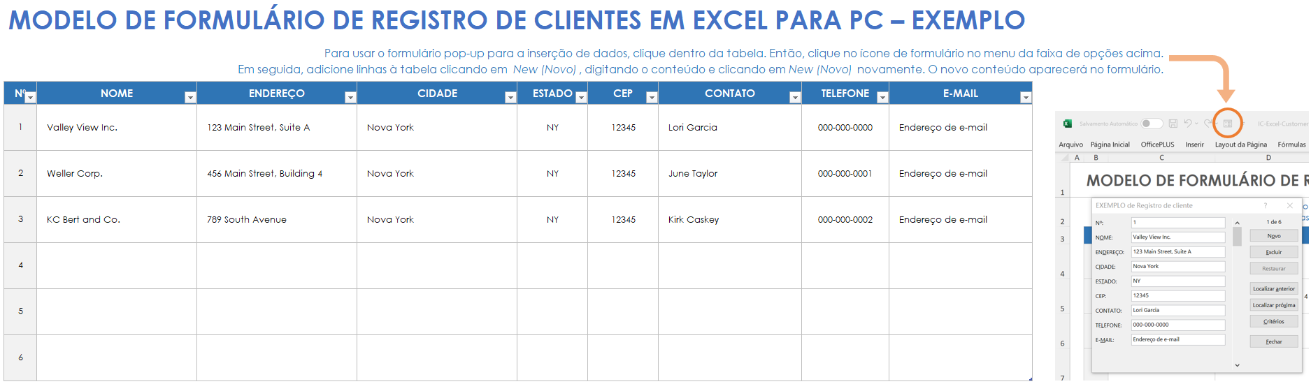 Modelo de exemplo de formulário de registro de cliente em Excel