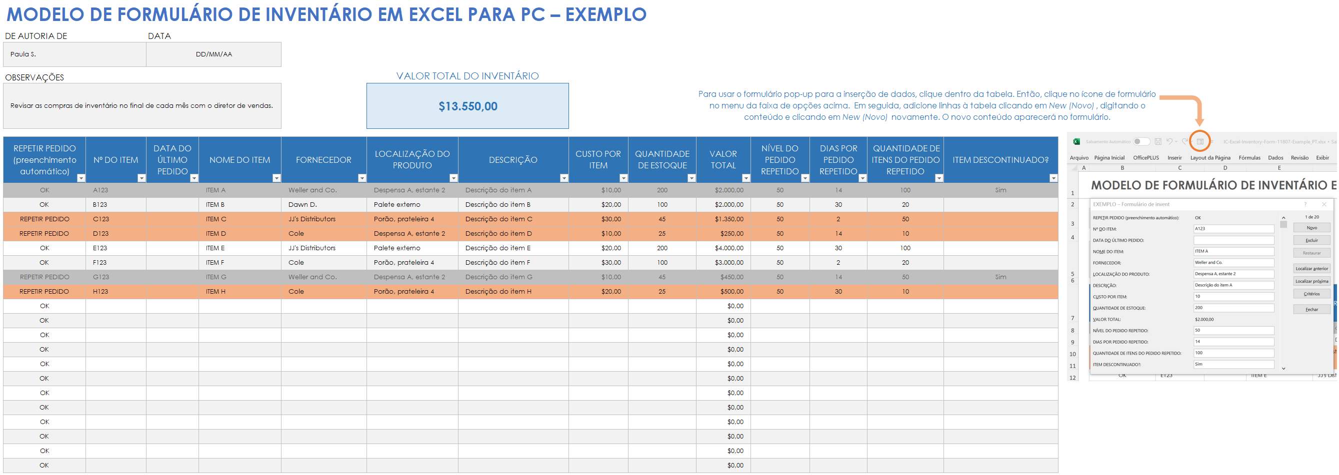 Modelo de exemplo de formulário de inventário em Excel