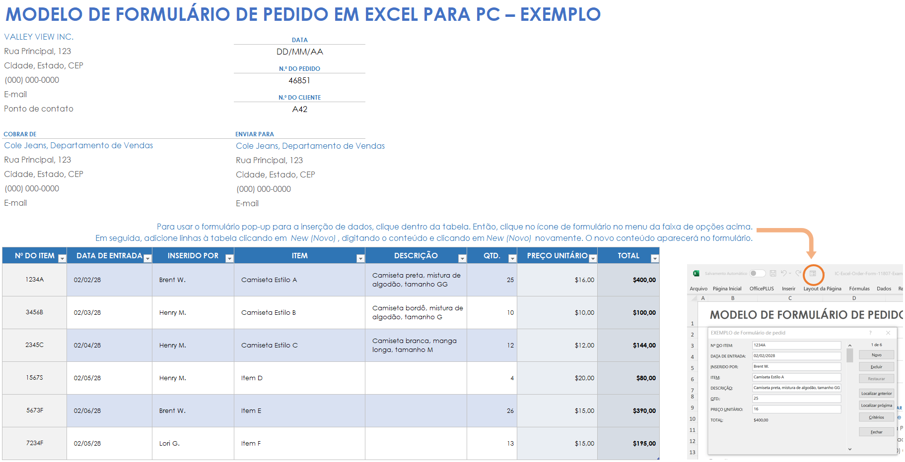 Modelo de exemplo de formulário de pedido em Excel