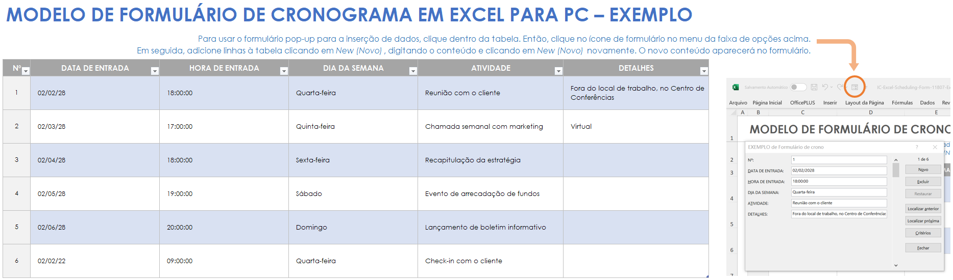 Modelo de exemplo de formulário de cronograma em Excel