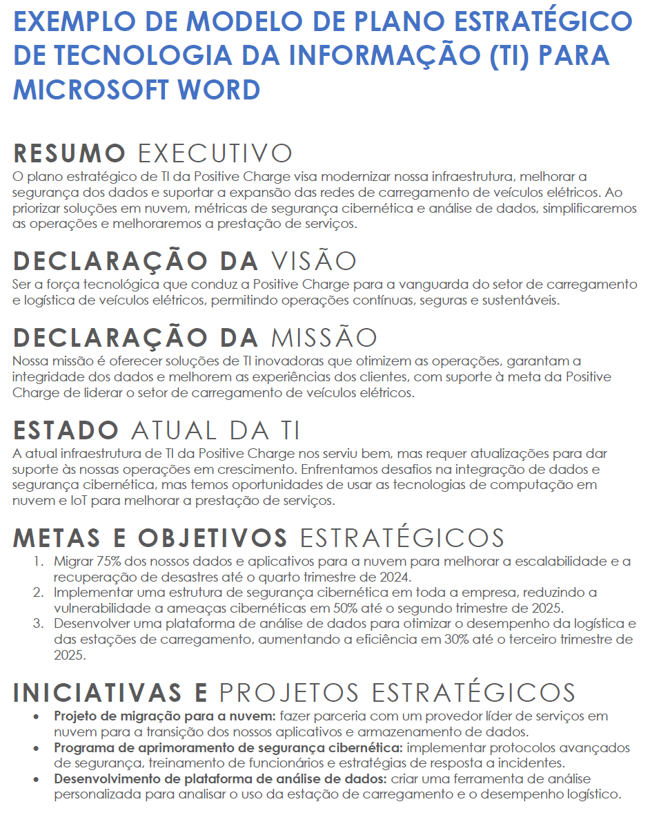 Exemplo de modelo de plano estratégico de tecnologia da informação para Microsoft Word