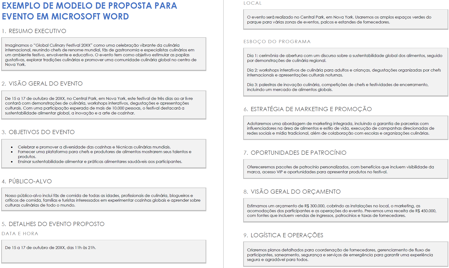 Exemplo de modelo de proposta de evento em Microsoft Word