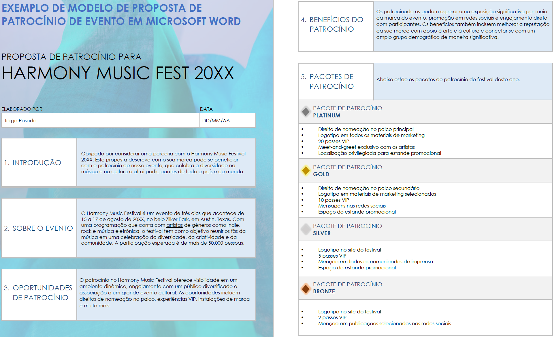 Exemplo de modelo de proposta de patrocínio de evento em Microsoft Word