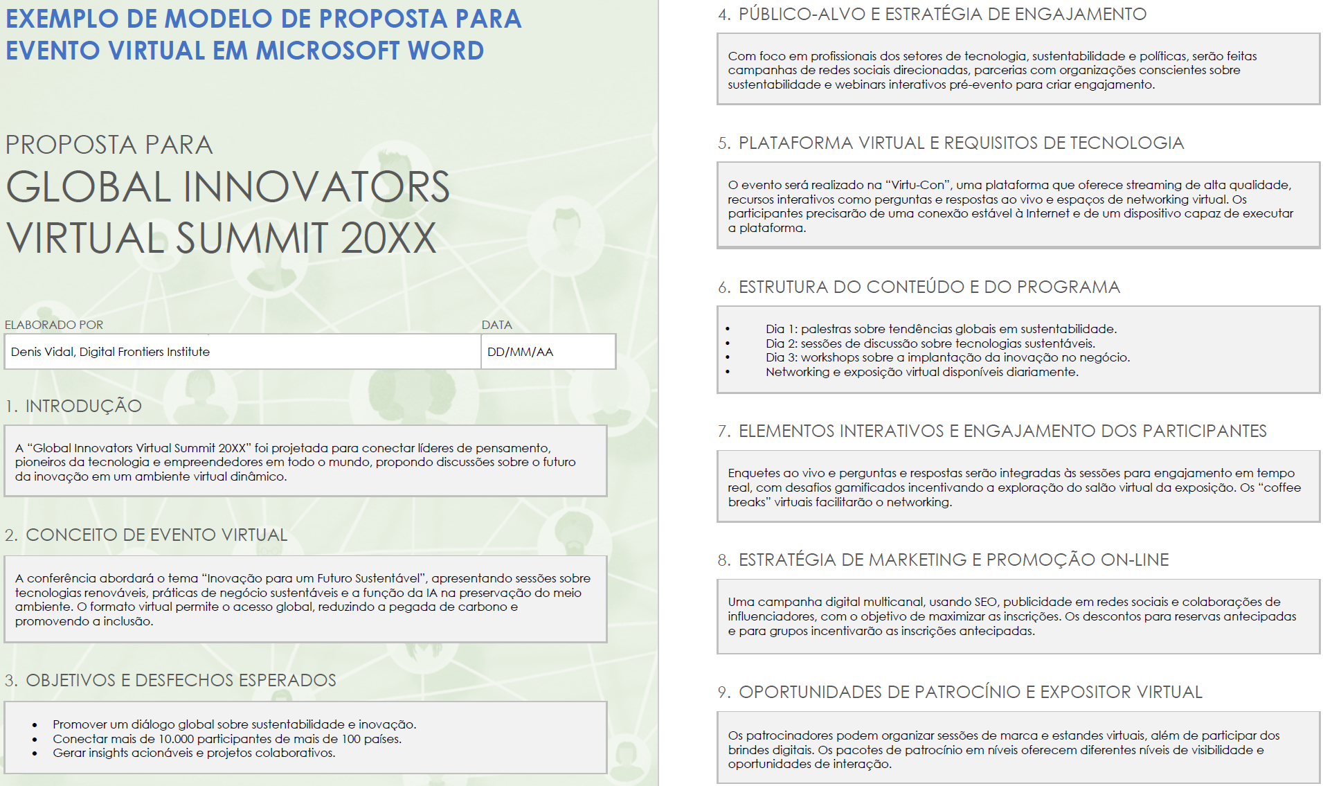 Exemplo de modelo de proposta de evento virtual em Microsoft Word