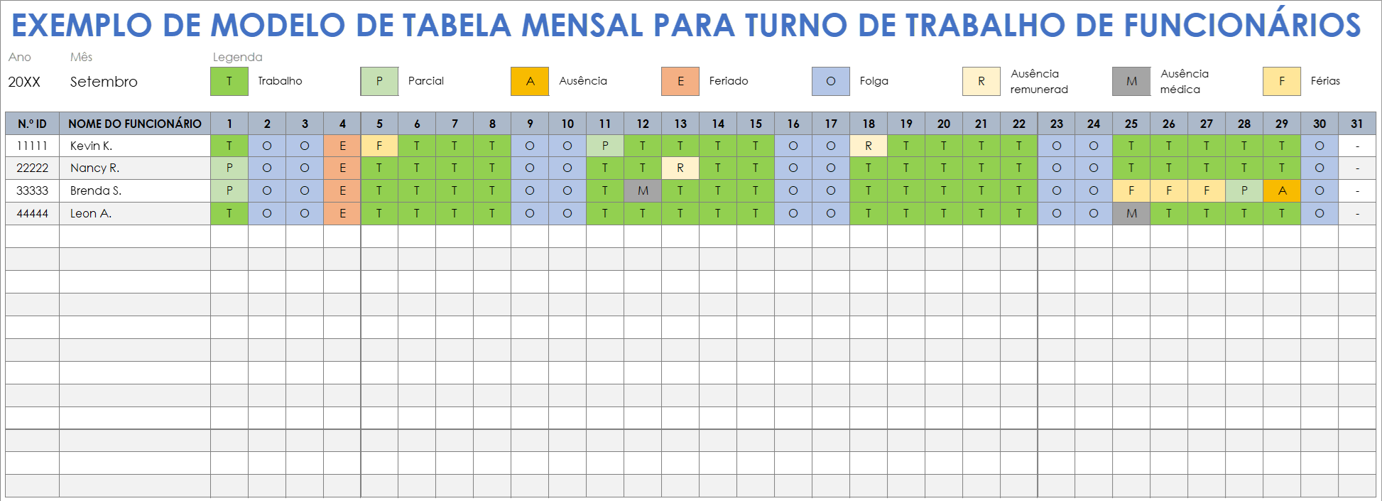Exemplo de modelo de cronograma mensal do turno de trabalho de funcionários