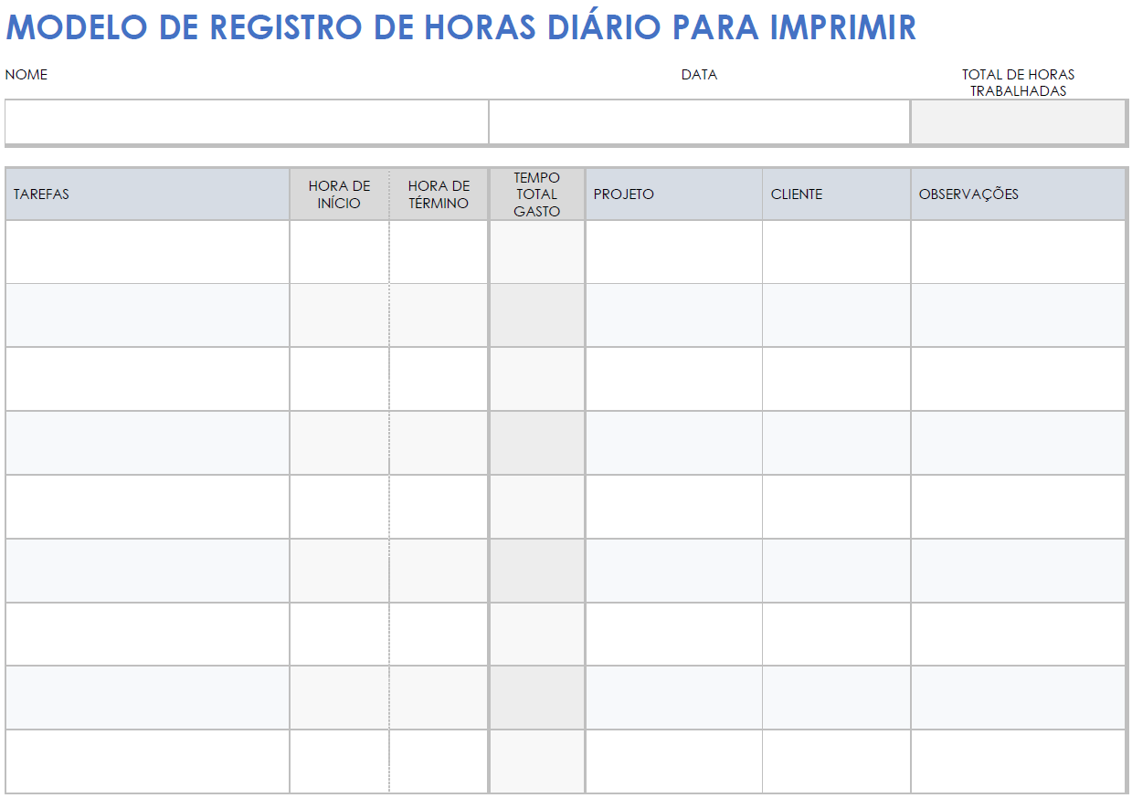 Modelo de registro de tempo diário imprimível