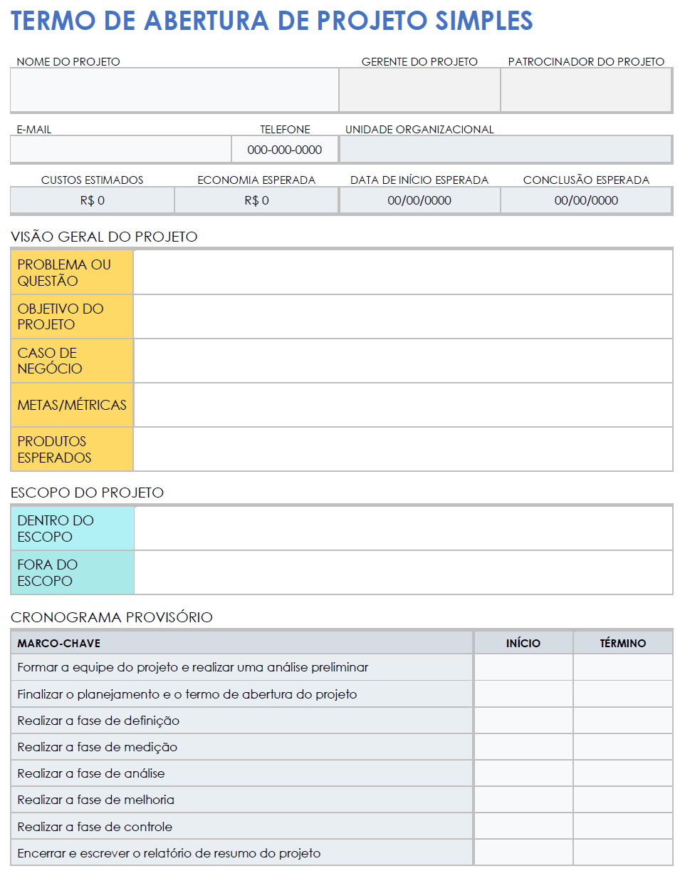 Modelo simples de termo de abertura de projeto em Microsoft Word