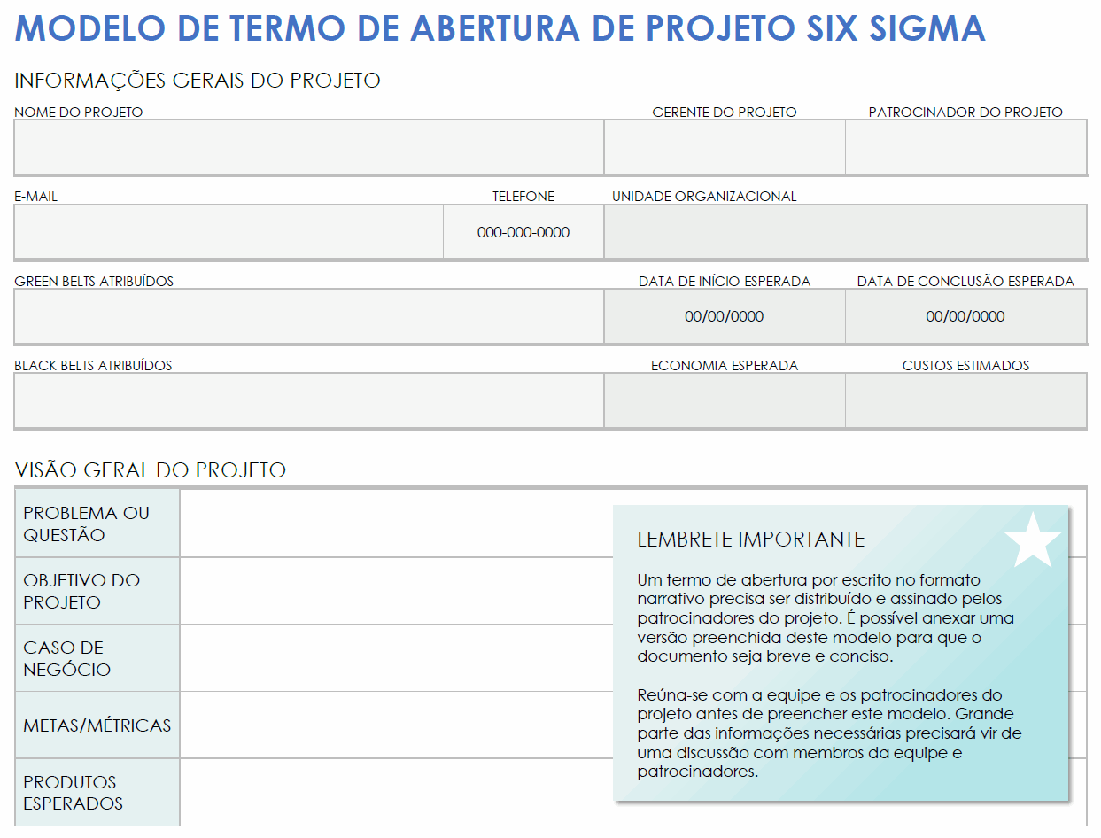 Modelo de termo de abertura de projeto de Six Sigma para Microsoft Word