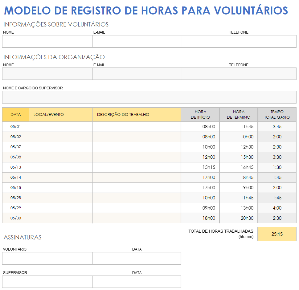 Modelo de registro de tempo para voluntários