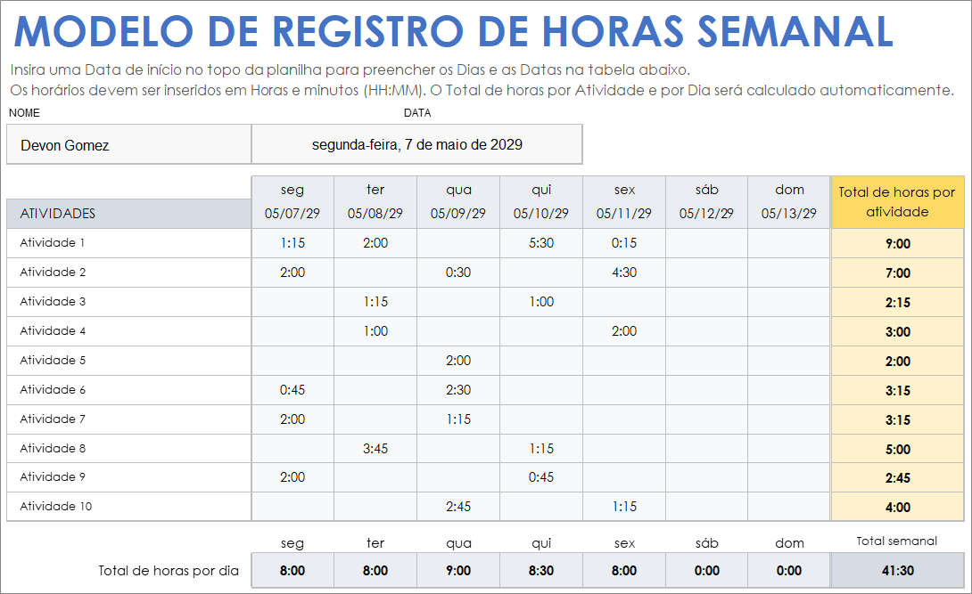 Modelo de registro de tempo semanal