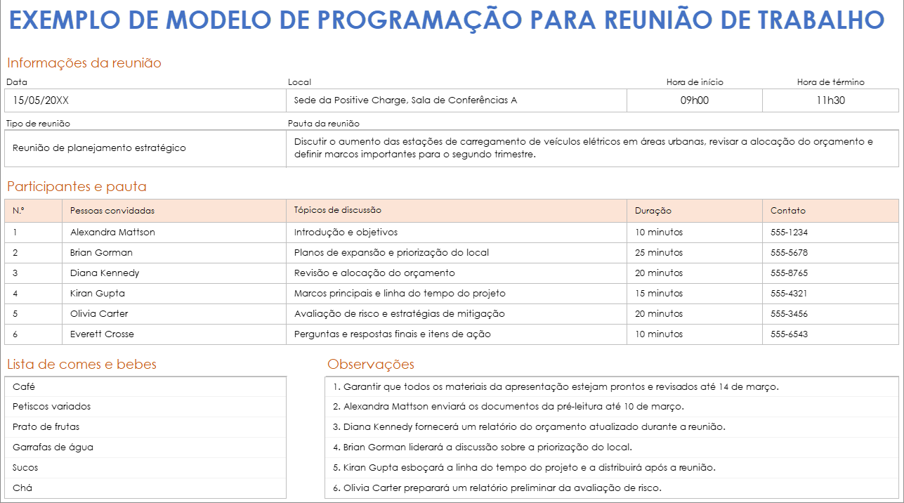 Exemplo de modelo de cronograma para reunião de trabalho