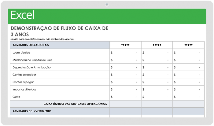 Modelo de demonstração de fluxos de caixa a 3 anos