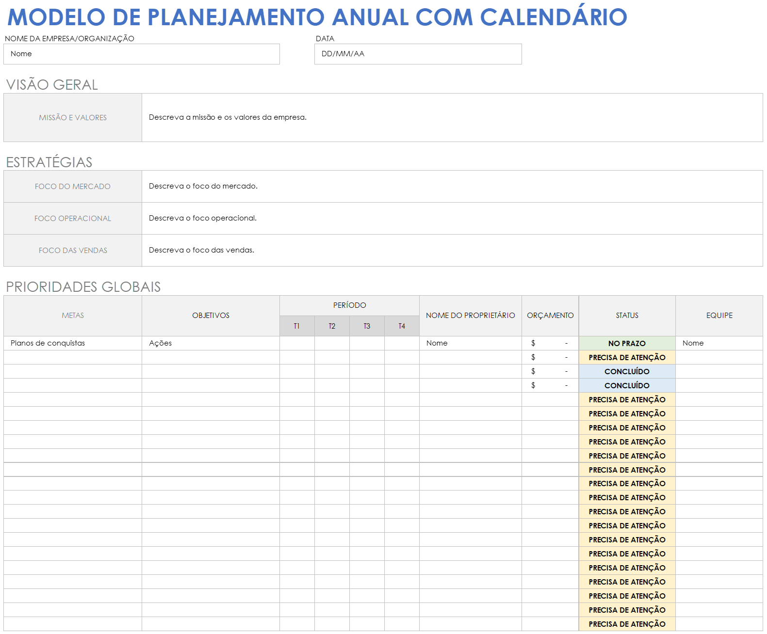 Modelo de planejamento anual com calendário