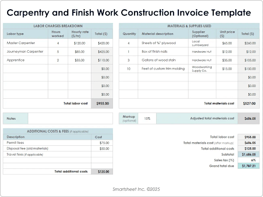 Modelo de fatura de construção de carpintaria e acabamento
