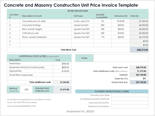 Modelo de fatura de preço unitário para construção de concreto e alvenaria