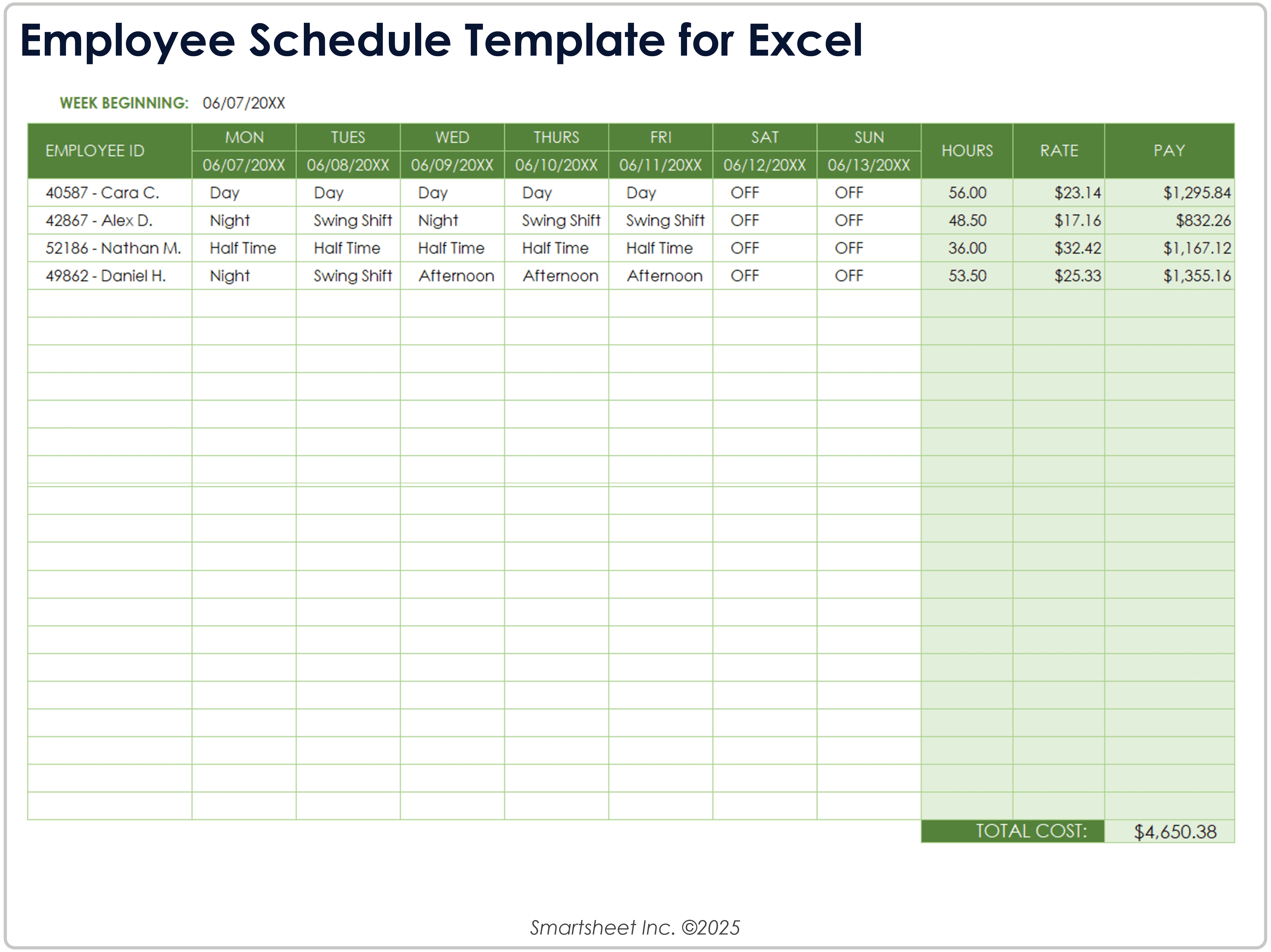 Modelo de agenda de funcionários para Excel