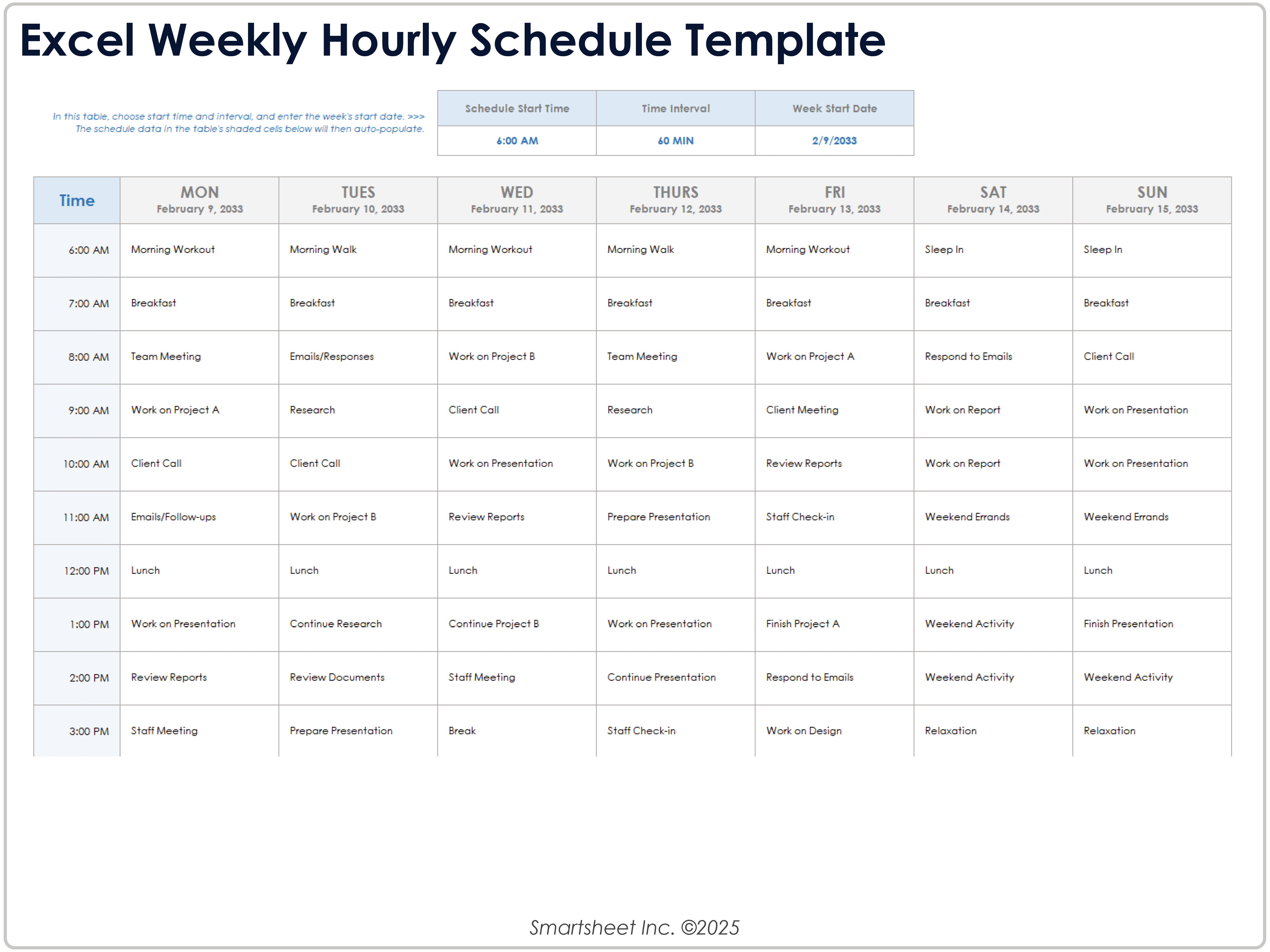 Modelo de cronograma semanal por hora em Excel