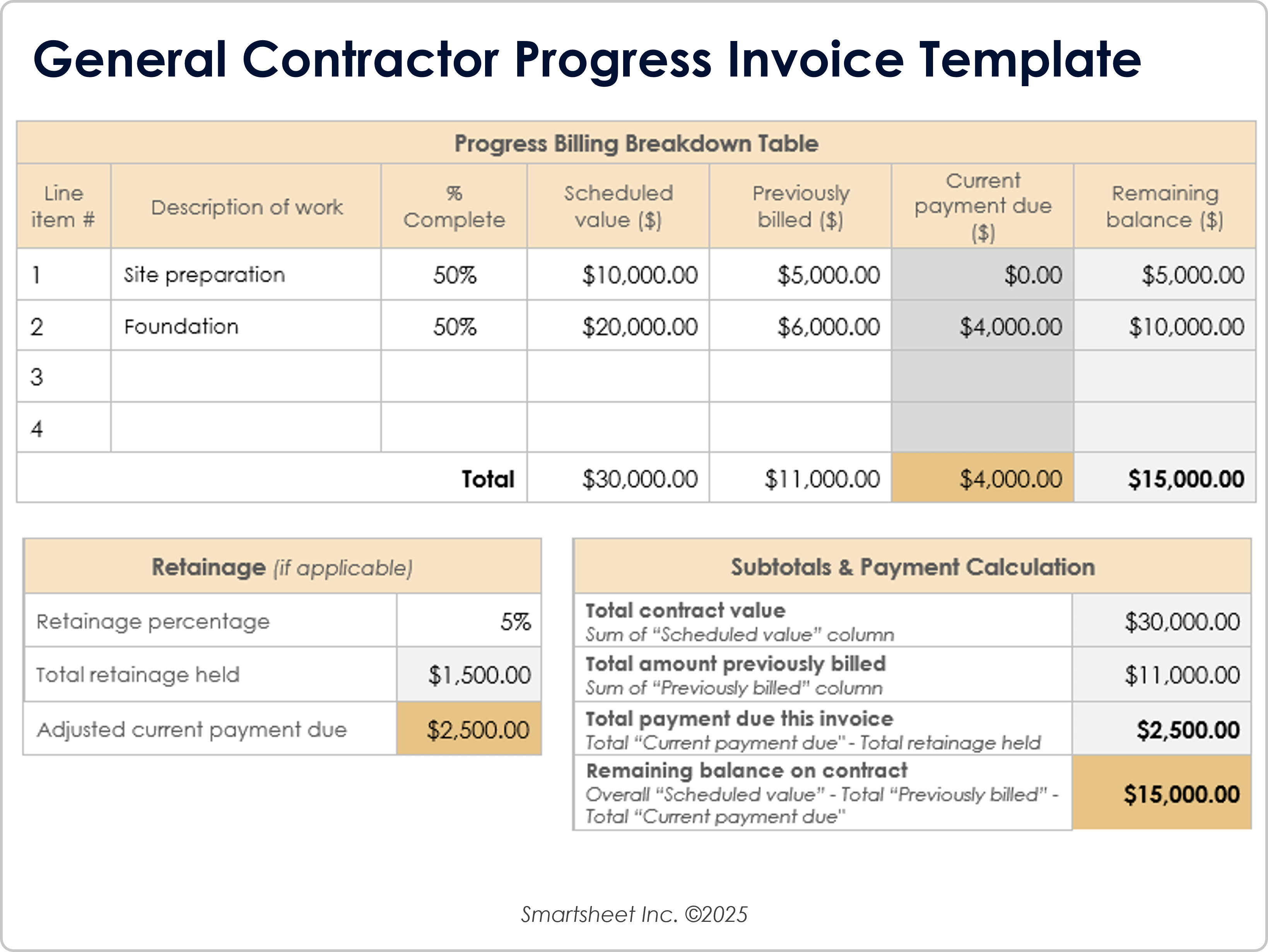 Modelo de fatura de progresso de empreiteiro geral