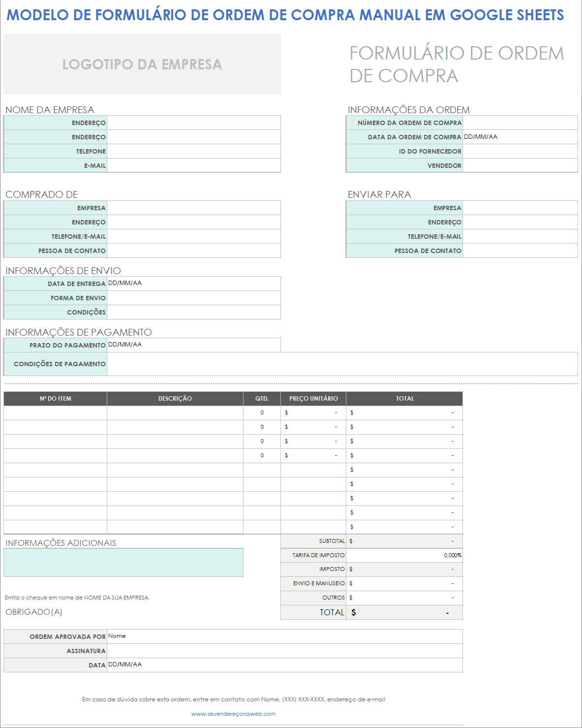 Modelo de formulário de ordem de compra manual em Google Sheets