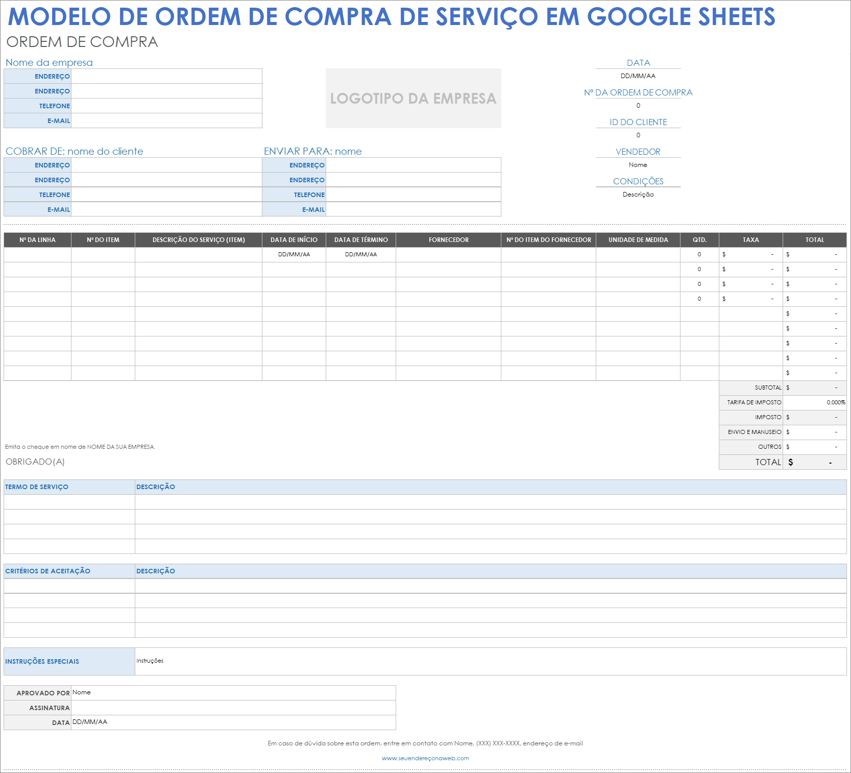 Modelo de ordem de compra de serviço em Google Sheets