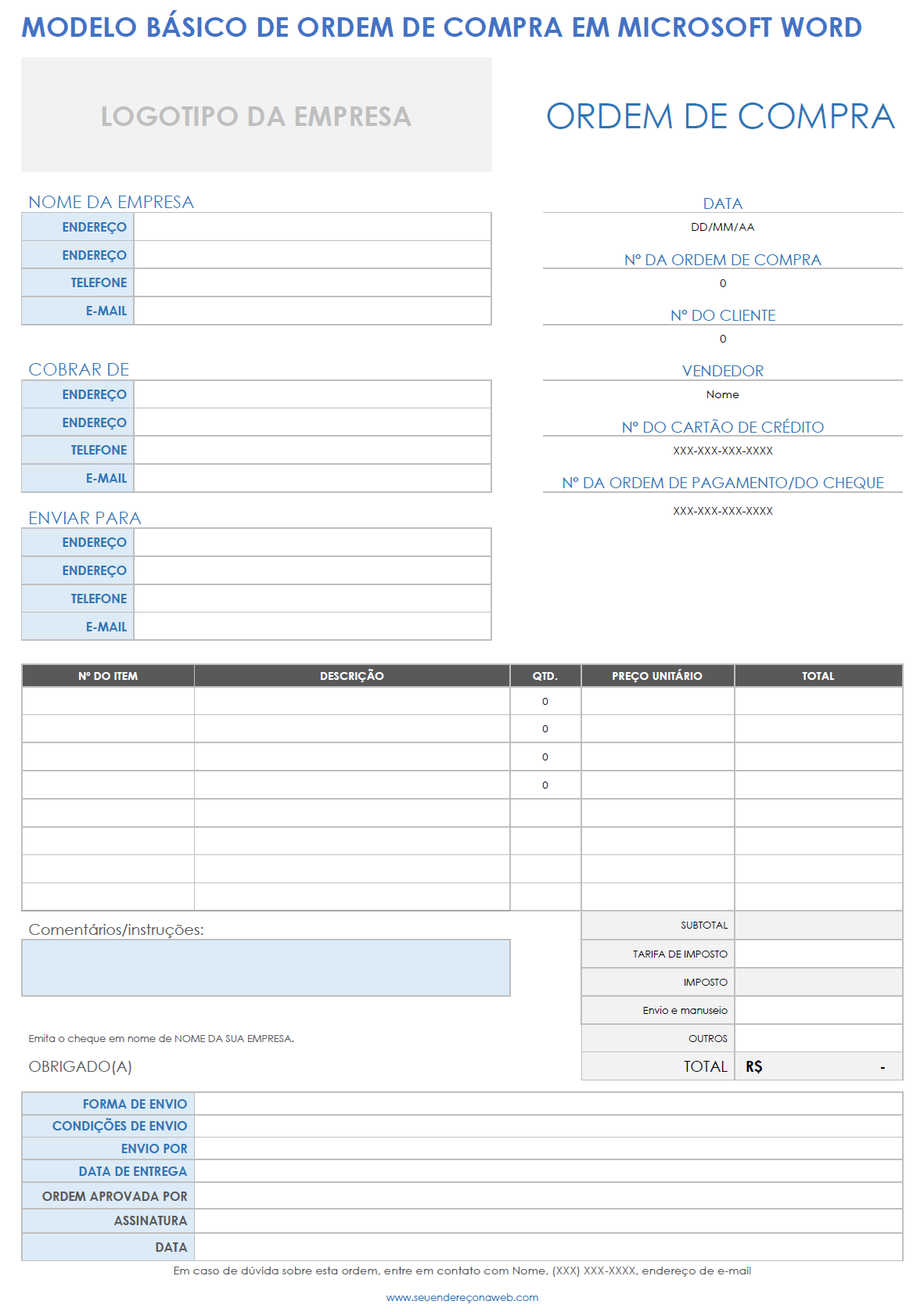 Modelo básico de ordem de compra em Microsoft Word