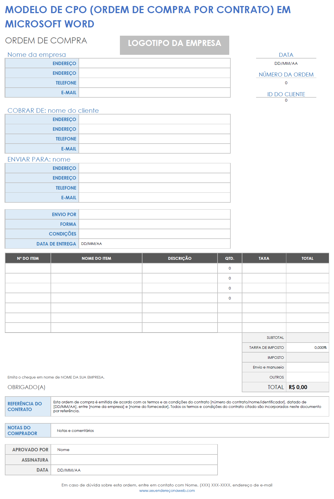 Modelo de CPO (ordem de compra por contrato) em Microsoft Word