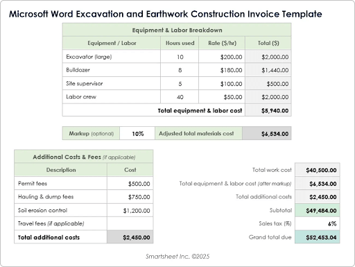 Modelo de fatura de construção de escavação e terraplenagem do Microsoft Word