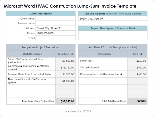 Modelo de fatura de preço global para construção de HVAC no Microsoft Word