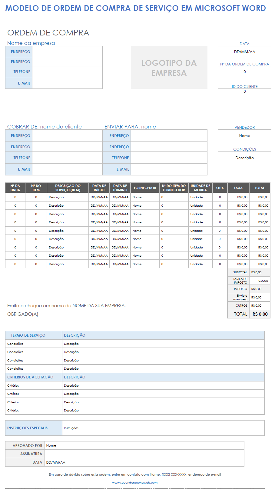 Modelo de ordem de compra de serviço em Microsoft Word