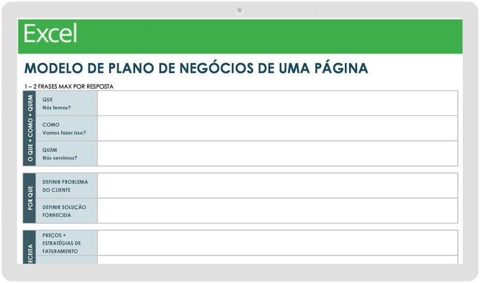 Modelo de plano de negócios de uma página