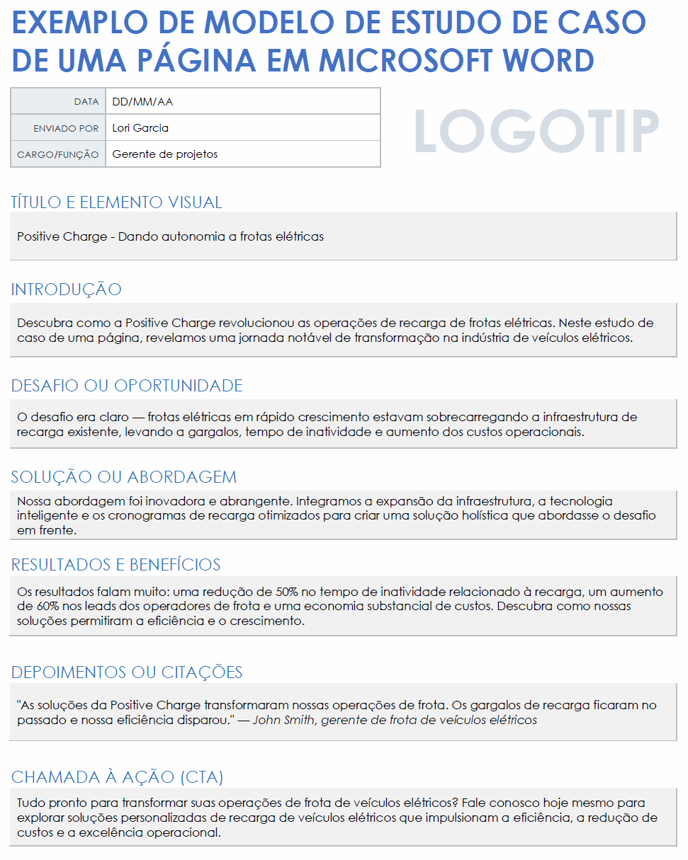 Modelo de exemplo de estudo de caso de uma página