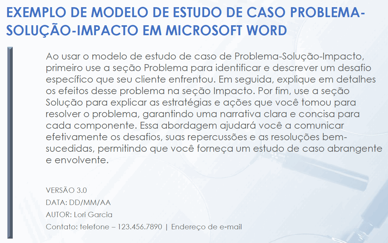 Modelo de exemplo de estudo de caso de problema-solução-impacto