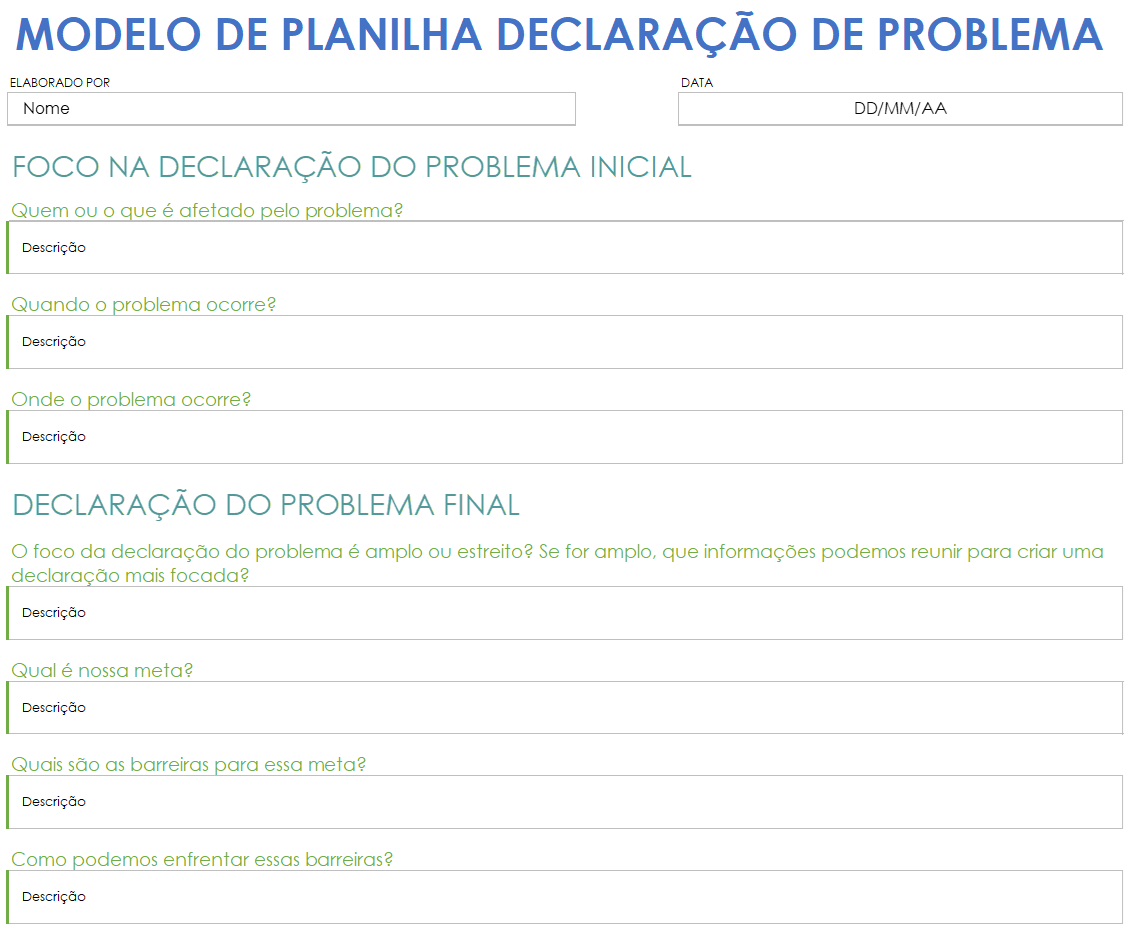 Modelo de planilha de declaração de problema
