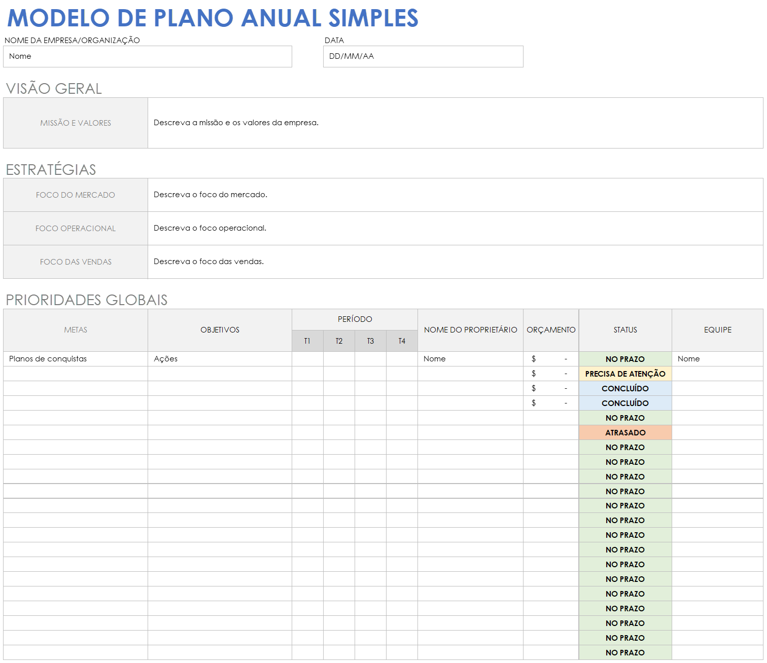 Modelo de plano anual simples