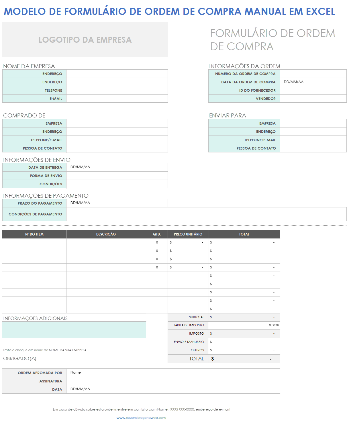  modelo de formulário de pedido de compra manual do Excel