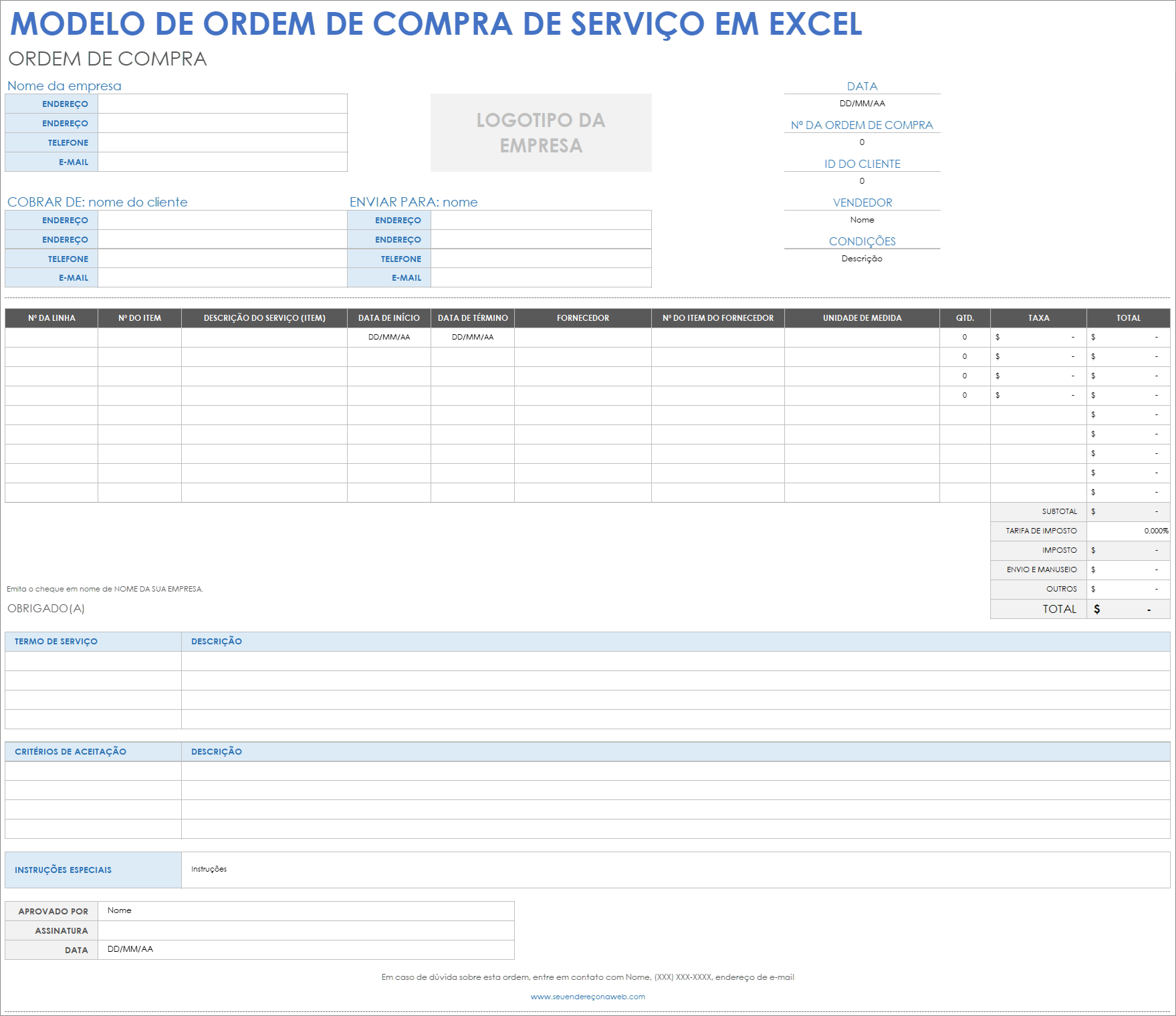  modelo de pedido de compra de serviço do Excel
