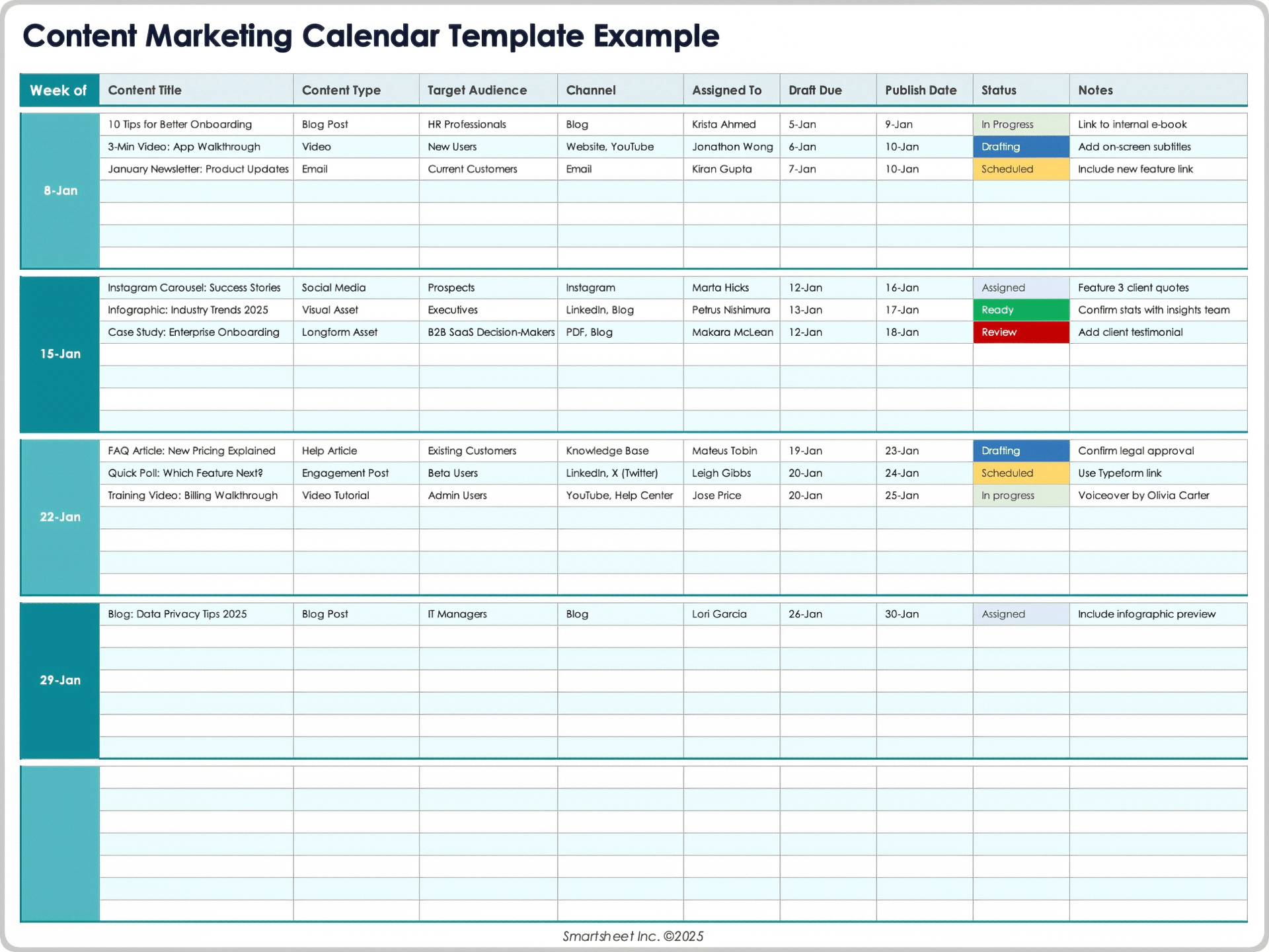 Exemplo de modelo de calendário de marketing de conteúdo