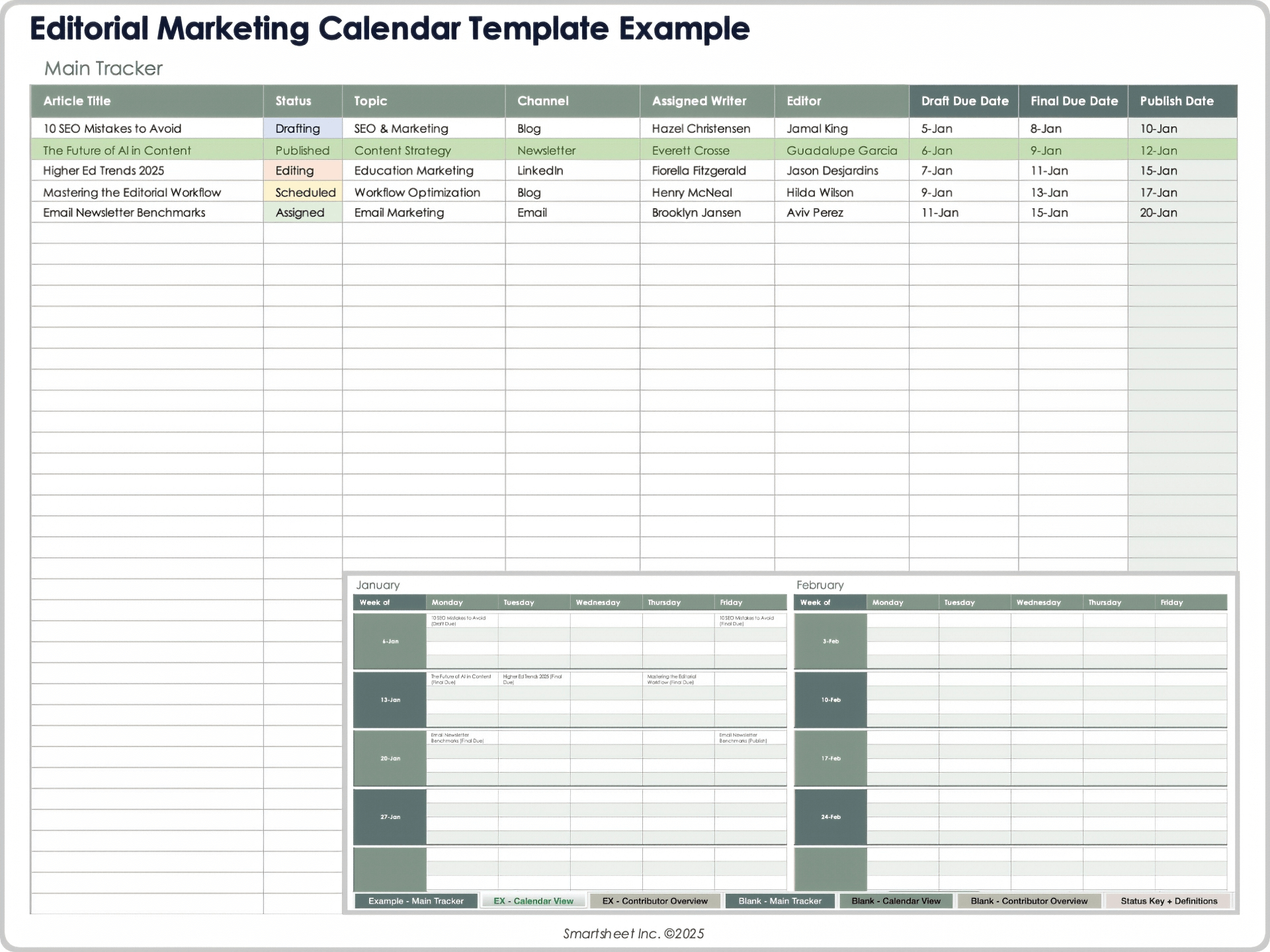 Exemplo de modelo de calendário de marketing editorial