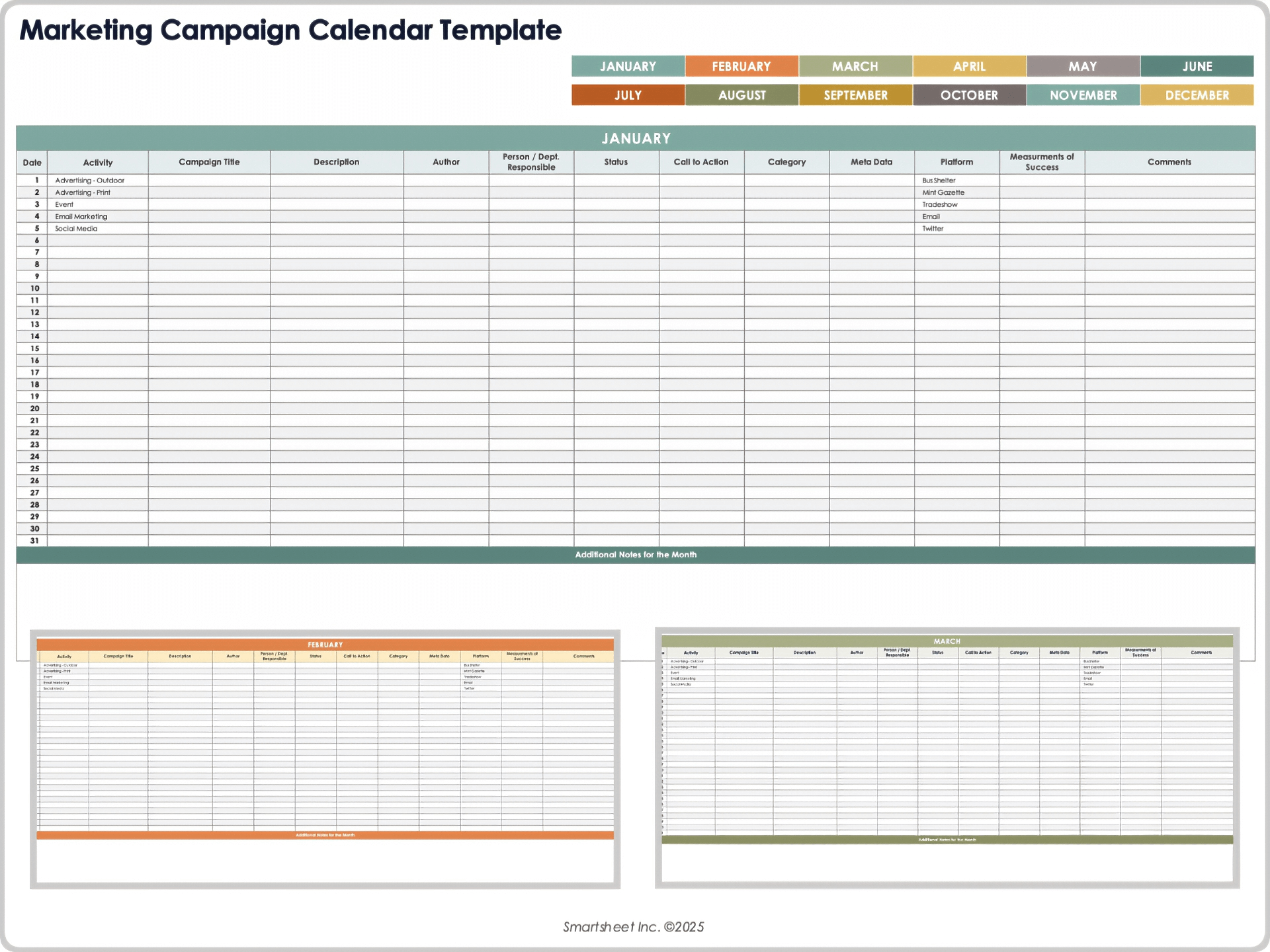 Modelo de calendário de campanhas de marketing