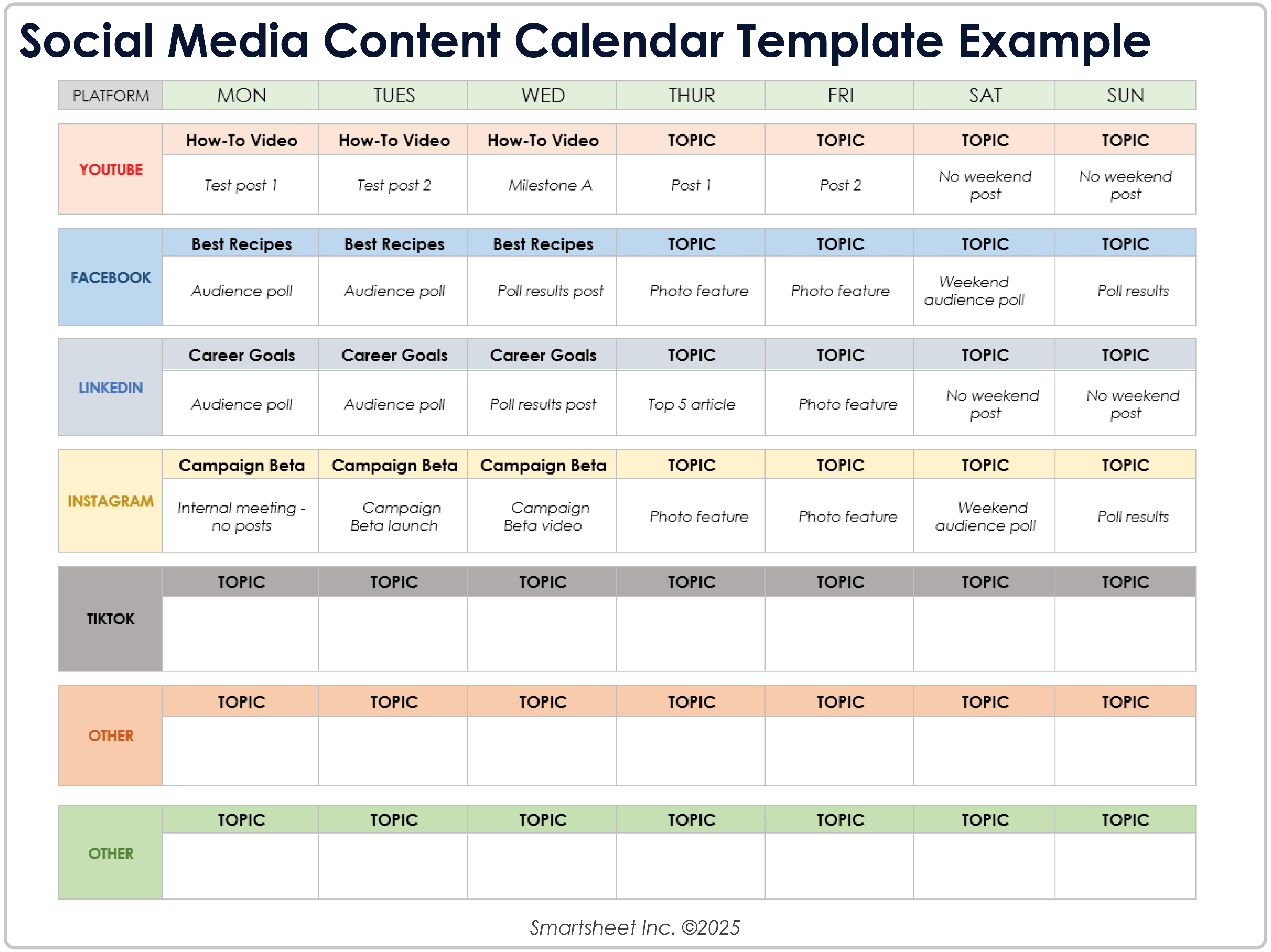 Exemplo de modelo de calendário de conteúdo de mídia social 8781