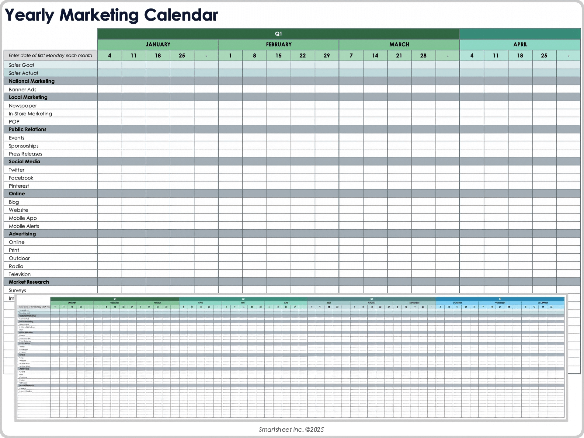 Modelo de calendário de marketing anual