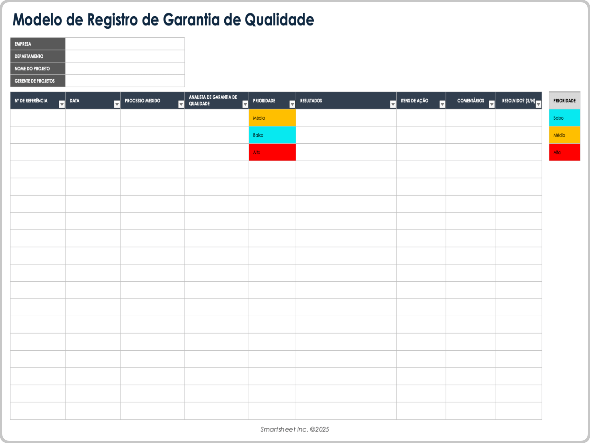 Modelo de registro de garantia de qualidade