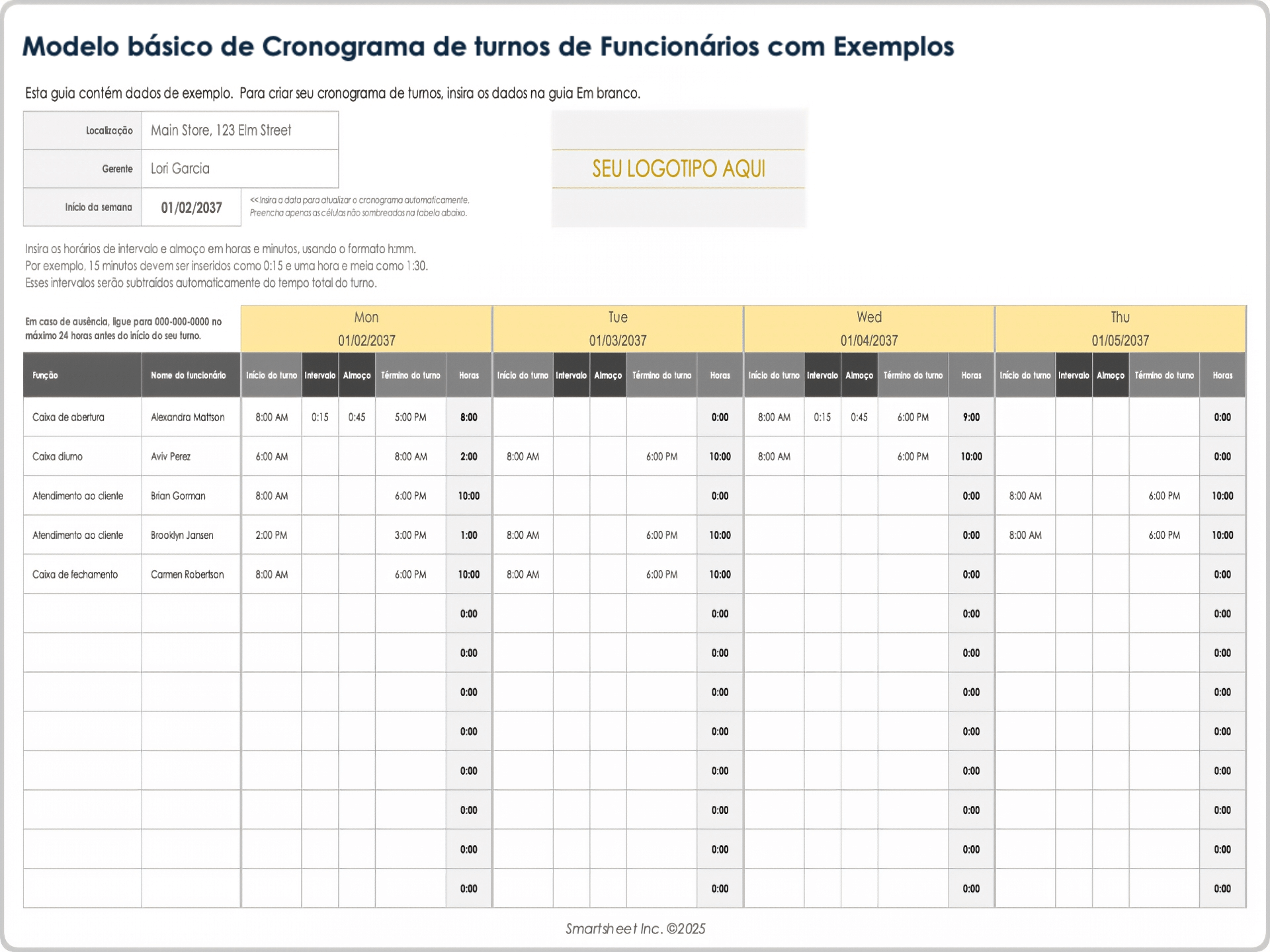 Modelo básico de cronograma de turnos de funcionários