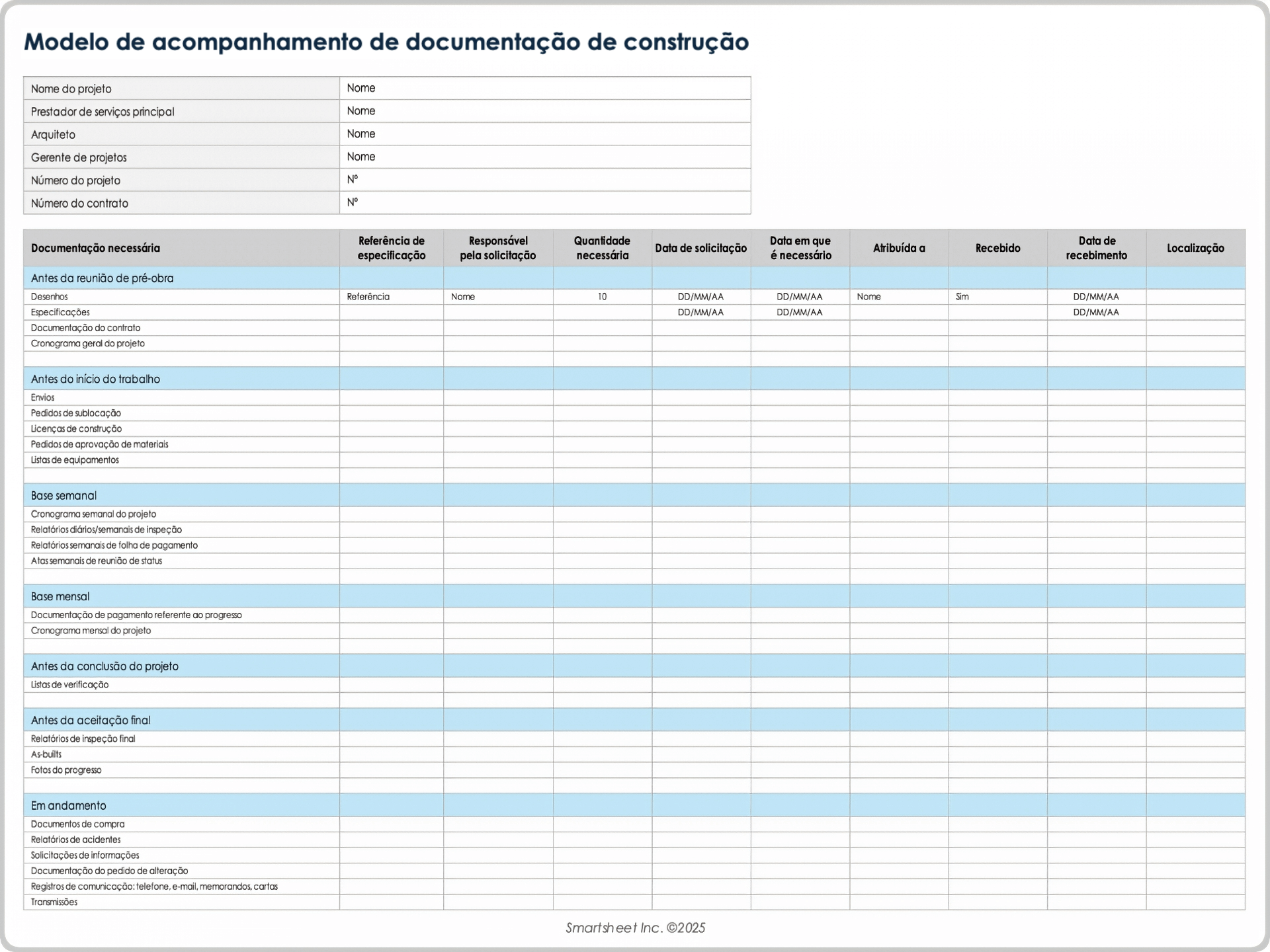 Modelo de acompanhamento de documentação de construção