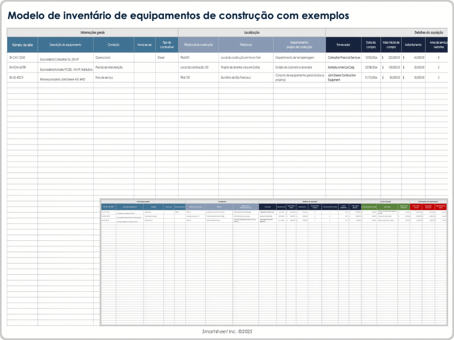  Exemplo de modelo de inventário de equipamentos de construção